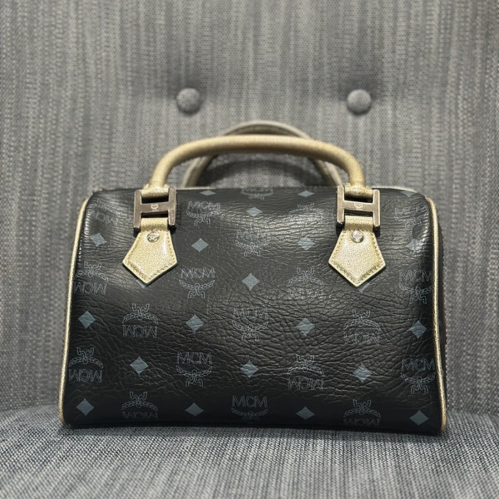 MCM Lion Visetos Boston Satchel Black Gold Leather Bag - Picture 2 of 16